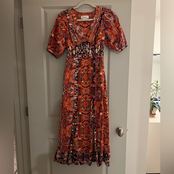 Anthropologie Floral Midi in Red Orange Motif Slit Hem Dress - Picture 7 of 9